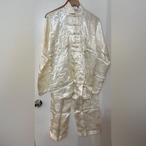 Silk Oriental Chinese Unisex Tang Suit Long Sleeve Cream Pajamas Lounge Large